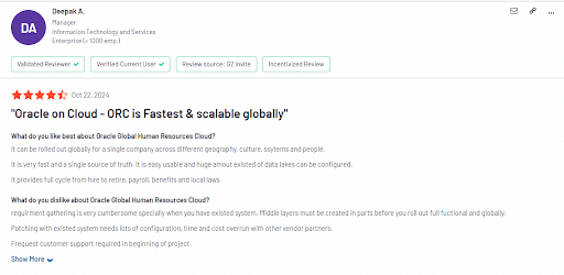 G2 review showing the some of the challenges in implementing Oracle